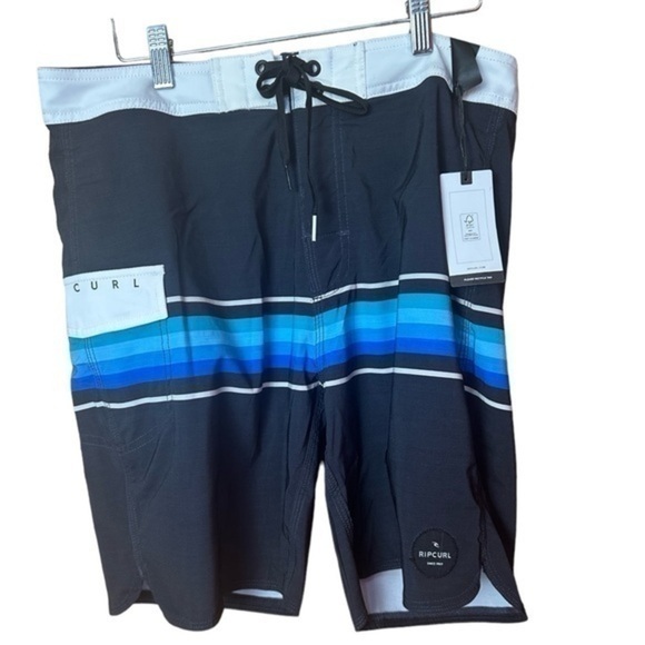 Rip Curl Mens Boardshorts Swim Trunks 19” Black with Blue Stripes size 31 NWT - Picture 1 of 7